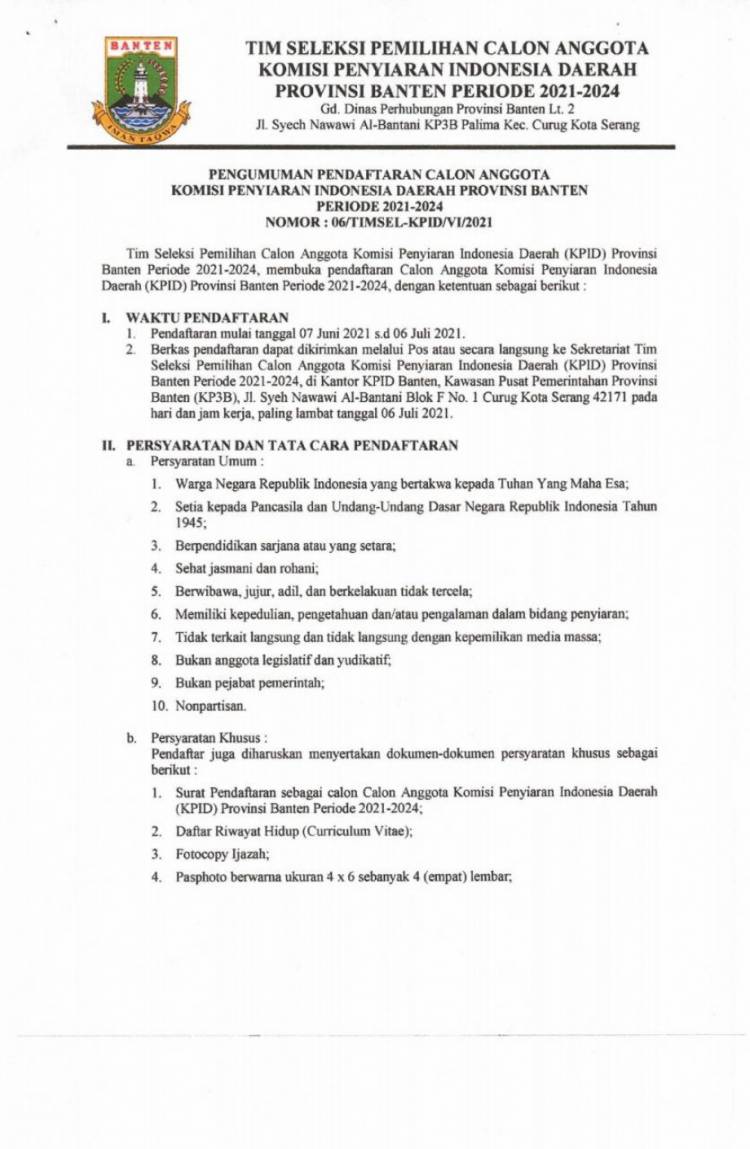 Timsel Buka Pendaftaran Calon Anggota KPID Banten